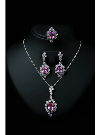 Kadın Gümüş Kolye Yüzük Küpe Set - Bella Model Kare Pembe Zirkon Taşlı Set