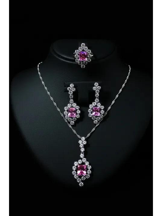 Kadın Gümüş Kolye Yüzük Küpe Set - Bella Model Kare Pembe Zirkon Taşlı Set Kadın Gümüş Kolye Yüzük Küpe Set - Bella Model Kare Pembe Zirkon Taşlı Set