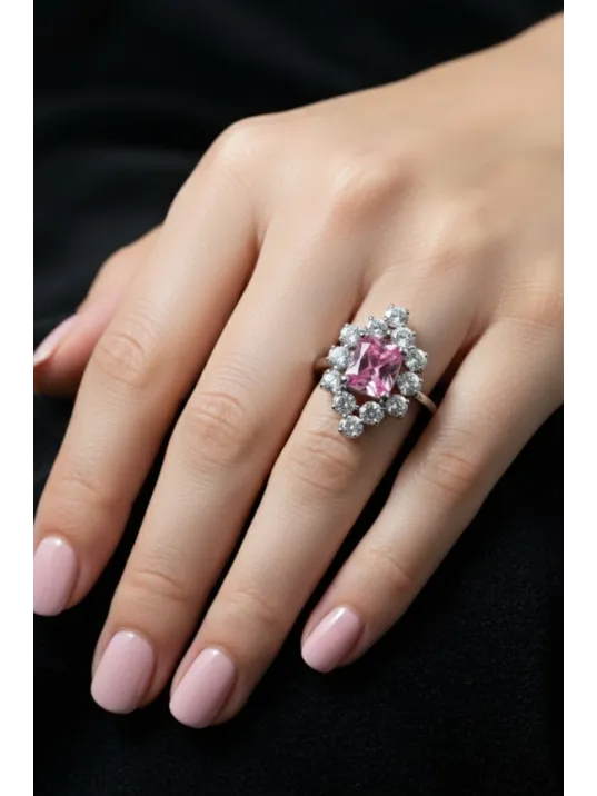 Kadın Gümüş Yüzük - Bella Model Kare Pembe Zirkon Taşlı Yüzük