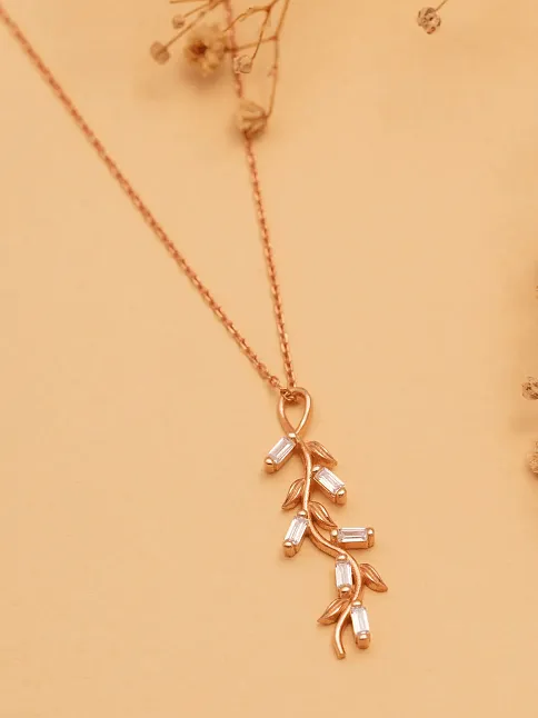 Baget Taşlı Yaprak Model Kadın Rose Gümüş Kolye Gklyprkmdl5-ros