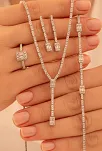 Kadın Gümüş Takı Seti - Süreyya Baget Taşlı Kare Model Kolye, Bileklik, Yüzük, Küpe Tam Set