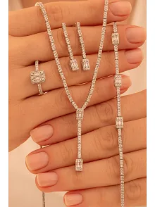 Kadın Gümüş Takı Seti - Süreyya Baget Taşlı Kare Model Kolye, Bileklik, Yüzük, Küpe Tam Set