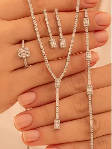 Kadın Gümüş Takı Seti - Süreyya Baget Taşlı Kare Model Kolye, Bileklik, Yüzük, Küpe Tam Set