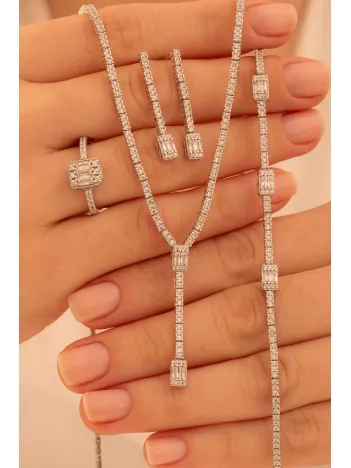 Kadın Gümüş Takı Seti - Süreyya Baget Taşlı Kare Model Kolye, Bileklik, Yüzük, Küpe Tam Set