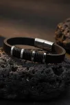 Erkek Çelik Bileklik - Siyah Deri Model Siyah Kesik Spiral Desenli Erkek Bileklik