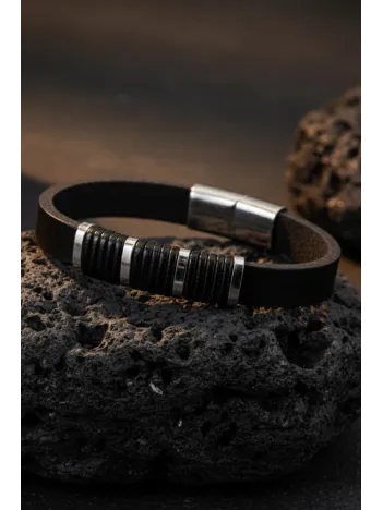 Erkek Çelik Bileklik - Siyah Deri Model Siyah Kesik Spiral Desenli Erkek Bileklik
