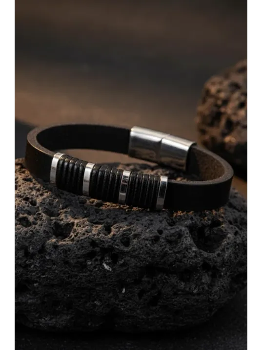 Erkek Çelik Bileklik - Siyah Deri Model Siyah Kesik Spiral Desenli Erkek Bileklik