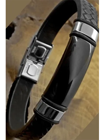 Kişiye Özel İsimli Örme Deri Siyah Erkek Çelik Bileklik Künye CBLKSYZLCLK-SYH