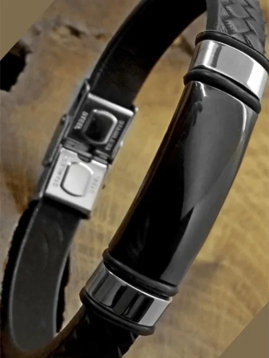 Kişiye Özel İsimli Örme Deri Siyah Erkek Çelik Bileklik Künye CBLKSYZLCLK-SYH