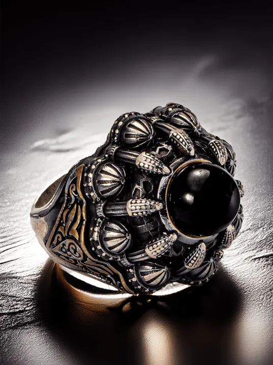 Erkek İslam Usta Tasarımı Siyah Kubbe Dini Temalı Gümüş Yüzük