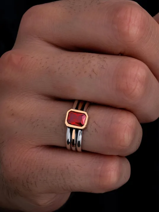 Erkek Gümüş Yüzük - Kırmızı Yakut Taşlı İnce Kibar Erkek Yüzüğü