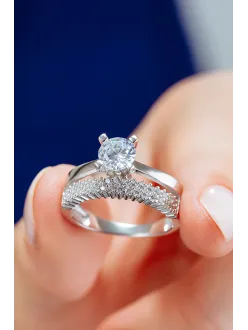 Kadın Gümüş Yüzük - İki Sıra Tektaş Zirkon Taşlı Kombin Kadın Gümüş Yüzük