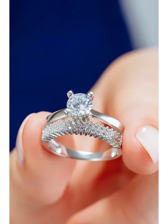 Kadın Gümüş Yüzük - İki Sıra Tektaş Zirkon Taşlı Kombin Kadın Gümüş Yüzük