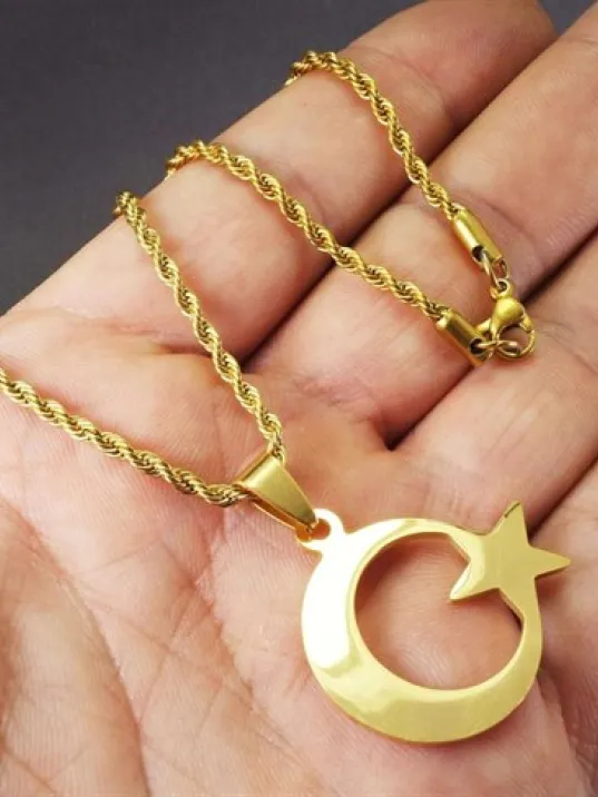 Altın Rengi Ay Yıldız Bayrak Erkek Çelik Kolye Zincir
