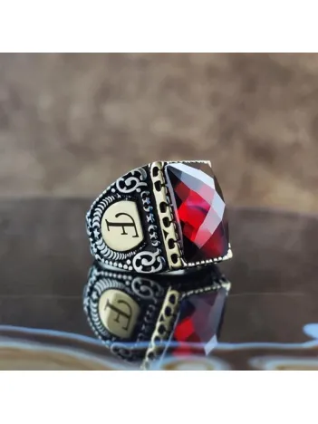 Kişiye Özel Tasarımlı Kırmızı Faset Zirkon Taşlı  Gümüş Erkek Yüzük  GYZGMSKGUMU