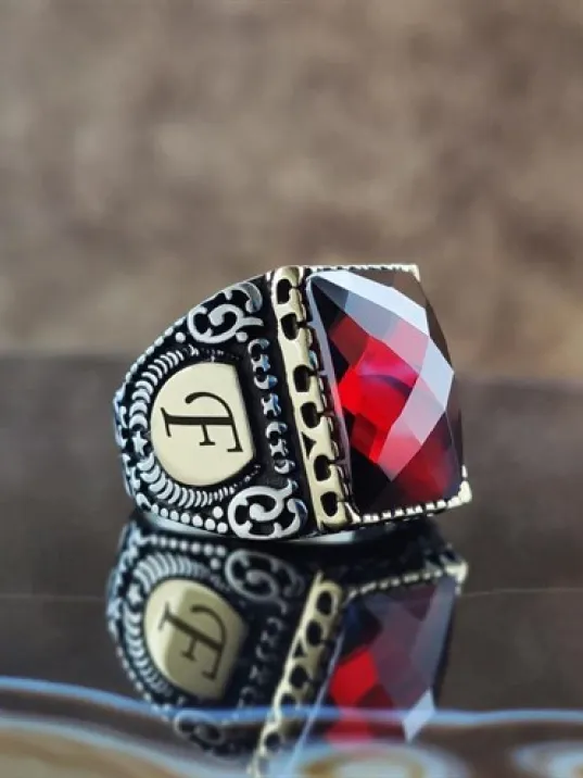 Kişiye Özel Tasarımlı Kırmızı Faset Zirkon Taşlı  Gümüş Erkek Yüzük  GYZGMSKGUMU