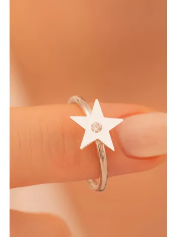 Kadın Gümüş Yüzük - El İşçiliği Yıldız Motifli Zirkon Taşlı Kadın Yüzük
