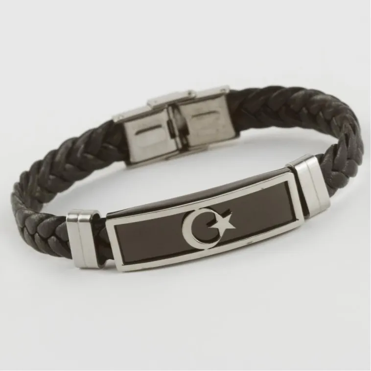 Çelik Erkek Kolye - Ay Yıldızlı Deri Örgülü Erkek Çelik Bileklik