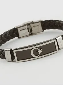 Çelik Erkek Kolye - Ay Yıldızlı Deri Örgülü Erkek Çelik Bileklik