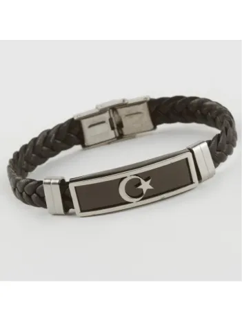 Çelik Erkek Kolye - Ay Yıldızlı Deri Örgülü Erkek Çelik Bileklik