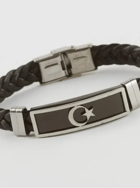 Çelik Erkek Kolye - Ay Yıldızlı Deri Örgülü Erkek Çelik Bileklik