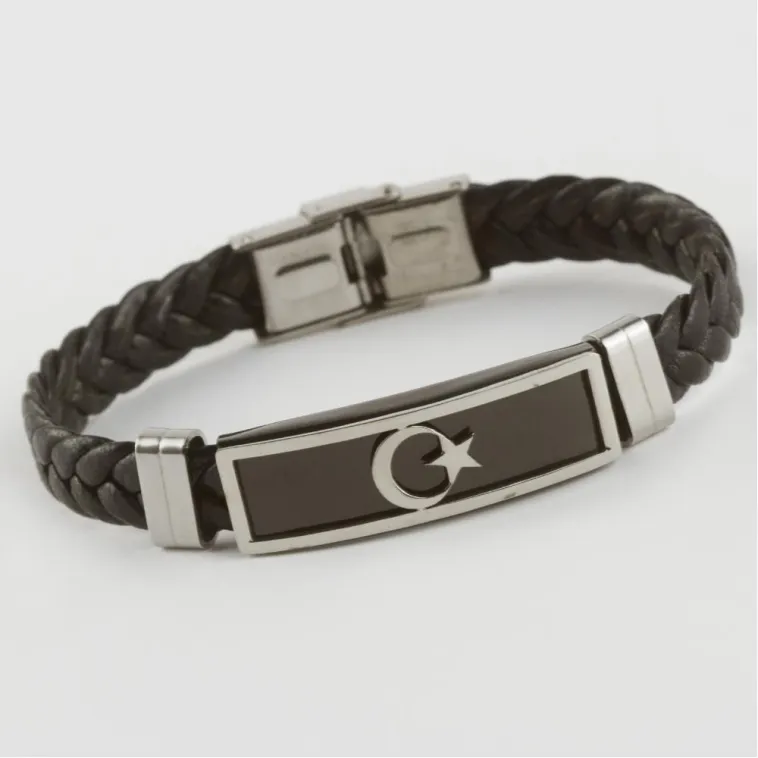 Çelik Erkek Kolye - Ay Yıldızlı Deri Örgülü Erkek Çelik Bileklik Çelik Erkek Kolye - Ay Yıldızlı Deri Örgülü Erkek Çelik Bileklik