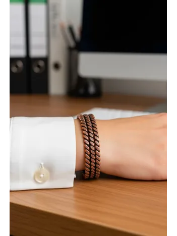 Kadın Bakır Bileklik - Üç Sıra Noktalı Burgu Bakır Bilezik Metal Kutu Ve Doğal Taşlar