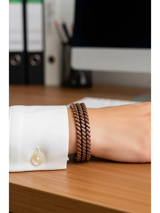 Kadın Bakır Bileklik - Üç Sıra Noktalı Burgu Bakır Bilezik Metal Kutu Ve Doğal Taşlar