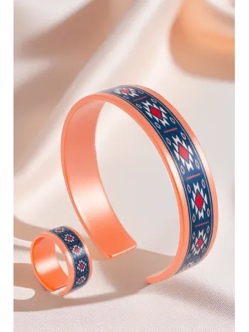 Kadın Bakır Bileklik Yüzük Set - Zeta Model Özel Baskı Metal Kutu Ve Kuvars Taşı