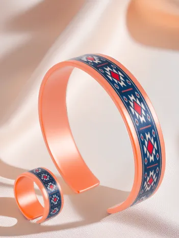 Kadın Bakır Bileklik Yüzük Set - Zeta Model Özel Baskı Metal Kutu Ve Kuvars Taşı