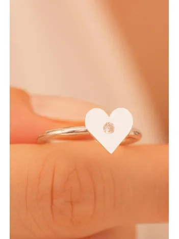 Kadın Gümüş Yüzük - El İşçiliği Kalp Motifli Zirkon Taşlı Kadın Yüzük