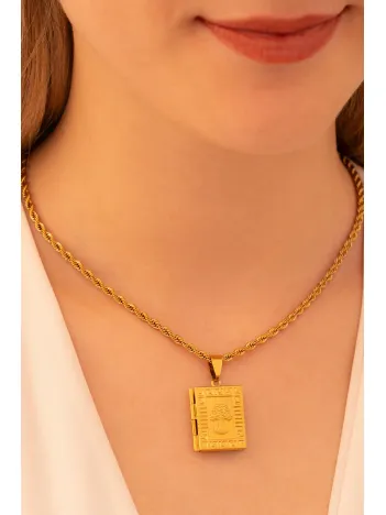 Kadın Çelik Kolye - Fotoğraf Koyulan Altın Kaplama Burma Halatlı Ağaç Desenli Kitap Model Kadın Kolye