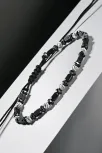 Siyah Hematit Taşlı Gümüş Detaylı Ayarlanabilir Erkek İp Bileklik - Model 8