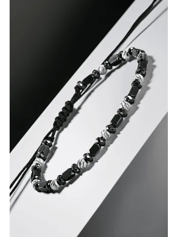 Siyah Hematit Taşlı Gümüş Detaylı Ayarlanabilir Erkek İp Bileklik - Model 8