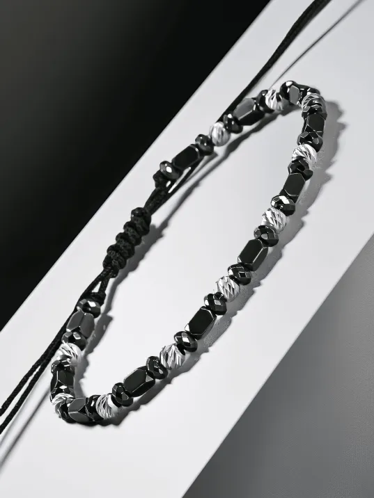 Siyah Hematit Taşlı Gümüş Detaylı Ayarlanabilir Erkek İp Bileklik - Model 8
