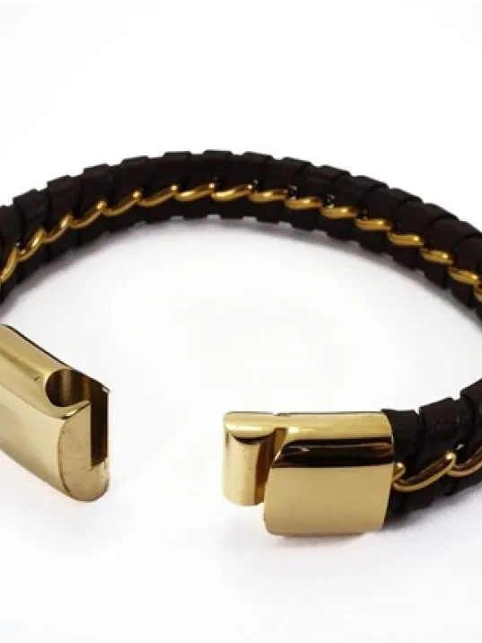 OttoMan Kahverengi Deri Çelik Erkek Bileklik 22k Altın Kaplama