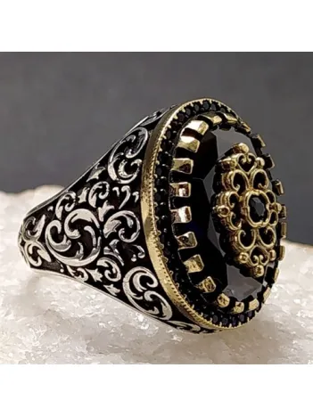 Siyah Zirkon Taşlı Sarmaşık Desenli Gümüş Erkek Yüzük