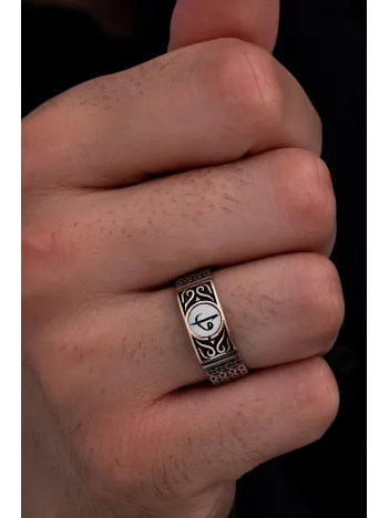 Erkek Gümüş Yüzük - Vav Elif İşlemeli Kral Zincirli İnce Kibar Erkek Yüzüğü