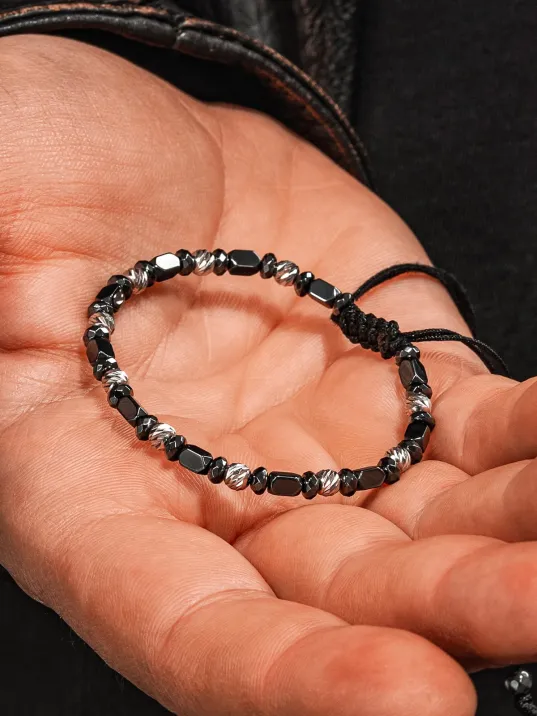 Siyah Hematit Taşlı Gümüş Detaylı Ayarlanabilir Erkek İp Bileklik - Model 8