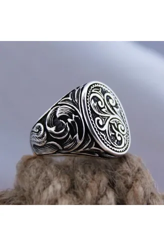 Oksitli İşlemeli Taşsız Sade Özel Seri Erkek Gümüş Yüzük
