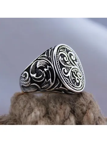 Oksitli İşlemeli Taşsız Sade Özel Seri Erkek Gümüş Yüzük