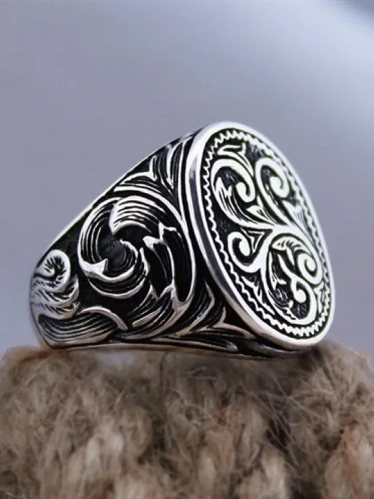 Oksitli İşlemeli Taşsız Sade Özel Seri Erkek Gümüş Yüzük