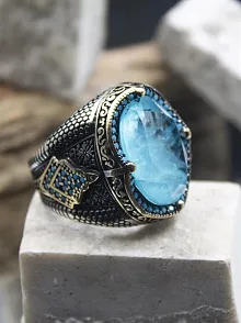 Mavi Paraiba Taşlı ve Firuze Süslemeli Yanları İşlemeli Oval 925 Ayar Gümüş Erkek Yüzük