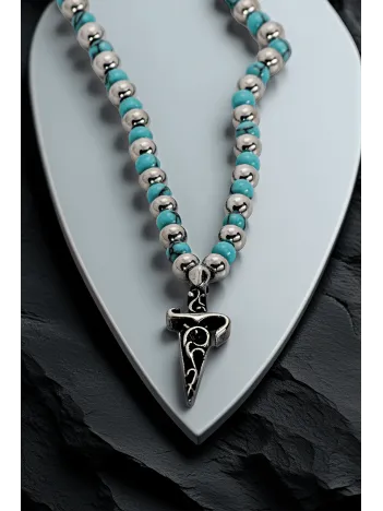 Kılıçhan Model Turkuaz Boncuklu Kılıç Figürlü Erkek Kolye – Güç ve Stil Simgesi
