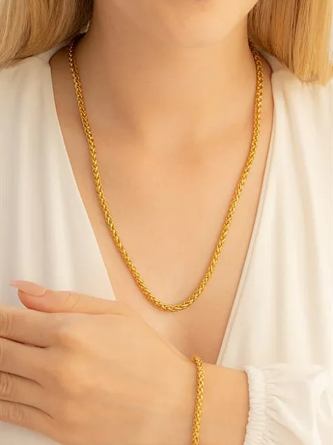 Kadın Çelik Kolye Bileklik Set - Altın Kaplama Spiga Model Çelik Bileklik Kolye