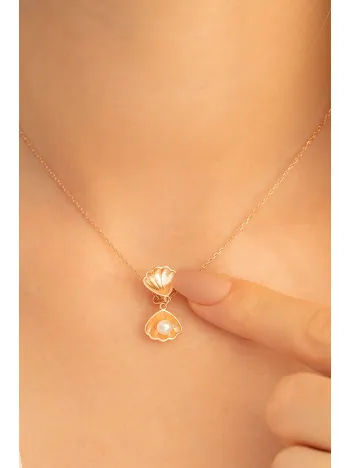 Kadın Gümüş Kolye - Rose Altın Kaplama İncili İstiridye Gümüş Kolye