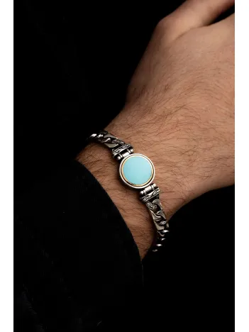 Erkek Gümüş Bileklik - Turkuaz Taşlı Ortası Dönen Model Gümüş Bileklik