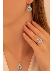 Kadın Gümüş Set - Damla Model Mavi Topaz Taşlı Baget Süslemeli Rodyumlu Kadın Set