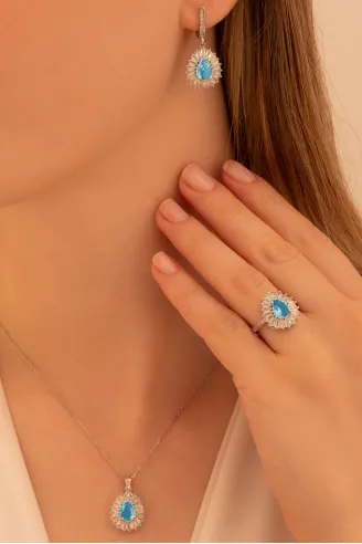 Kadın Gümüş Set - Damla Model Mavi Topaz Taşlı Baget Süslemeli Rodyumlu Kadın Set
