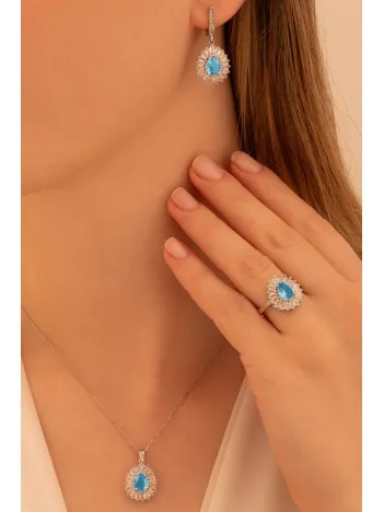 Kadın Gümüş Set - Damla Model Mavi Topaz Taşlı Baget Süslemeli Rodyumlu Kadın Set